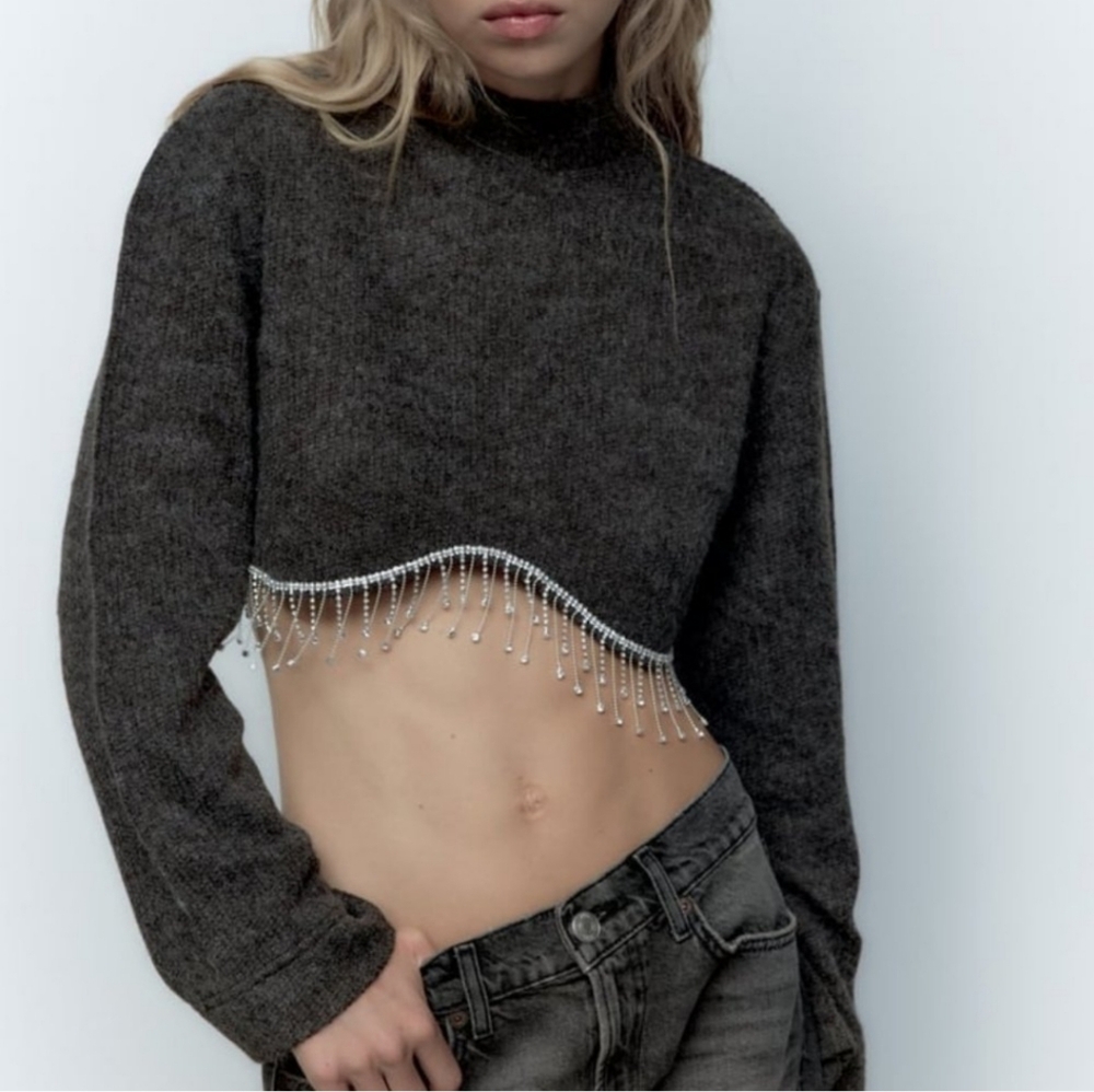 Zara Dark Gray Sweater with Beaded Hem
